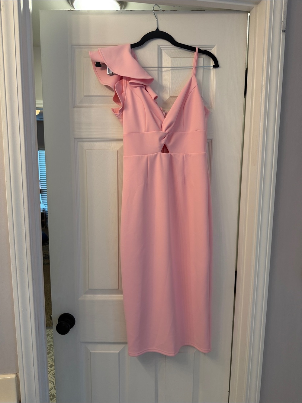 Lena Blush One-Shoulder Ruffle Midi Dress